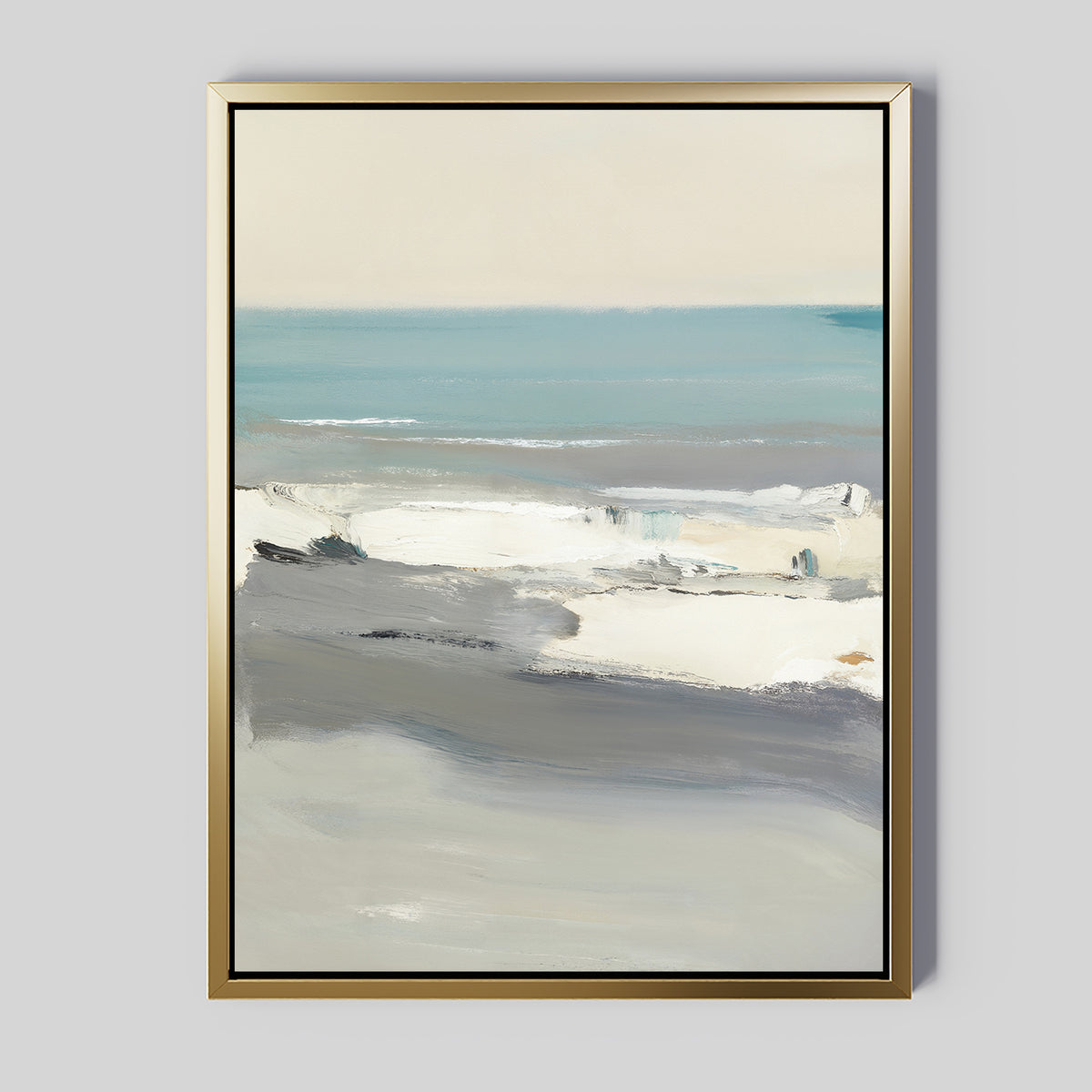 The Sandy Retreat Canvas Art - Vertical features a serene abstract seascape in blended blue, white, gray, and beige tones, evoking calming coastal vibes and the tranquil essence of ocean waves beneath a peaceful sky.