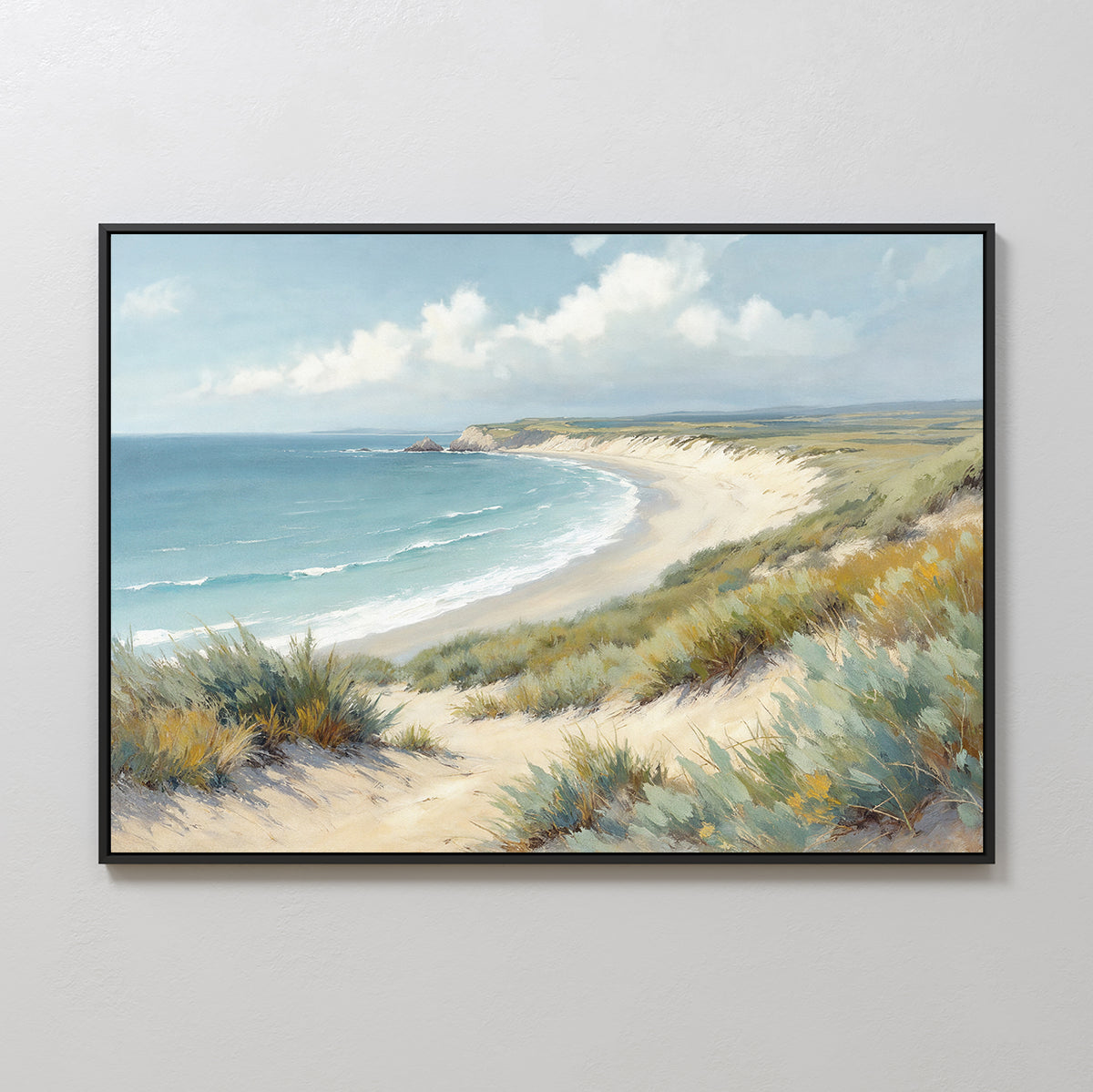 The Sandy Shores Canvas Art - Horizontal features gentle waves, grassy dunes, and a distant coastline beneath a blue sky, creating stunning beach wall art for any light-colored wall.