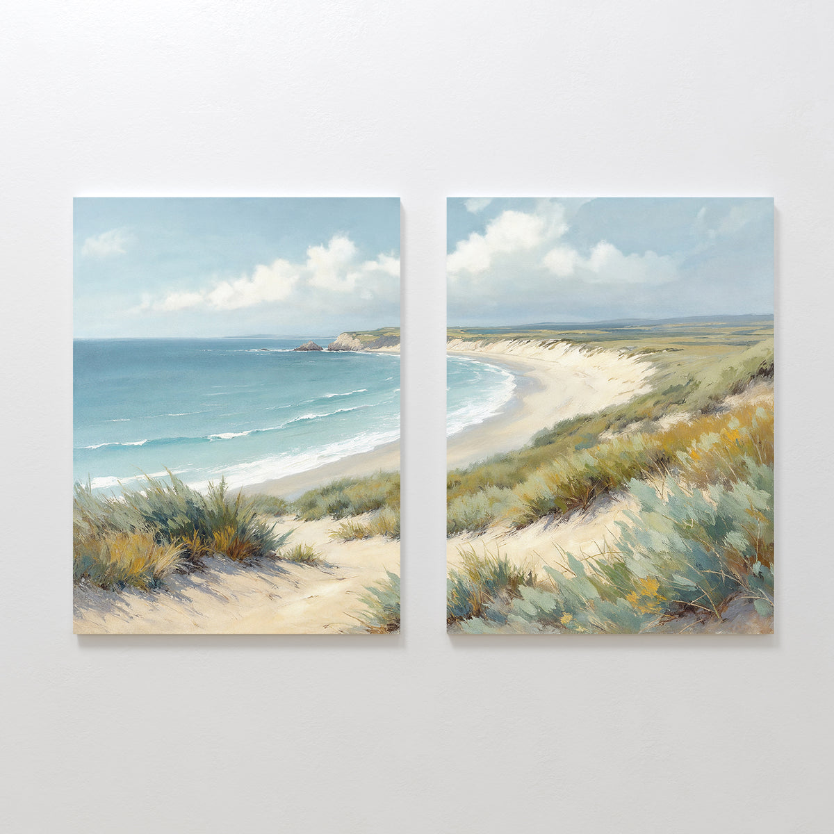 Sandy Shores - Set of 2 features tranquil coastal paintings with sandy dunes, grassy foregrounds, and calm blue ocean waves under a partly cloudy sky—ideal beach wall art for creating peaceful spaces.