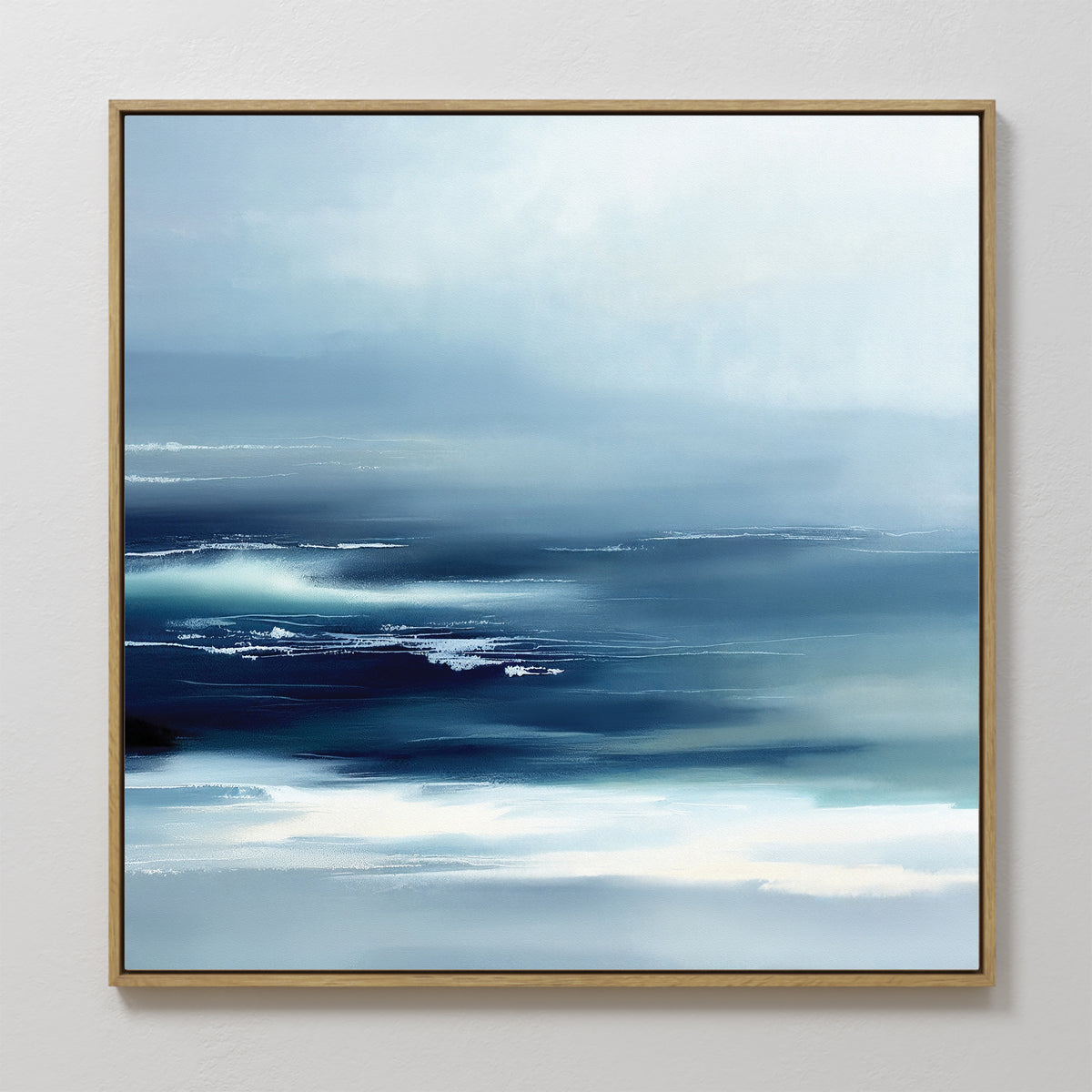 The Sapphire Current Canvas Art - Square features soft blue, white, and navy brushstrokes in an abstract design that evokes a serene seascape—ideal as tranquil wall art for any room.
