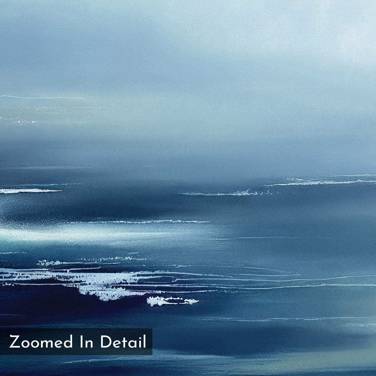 The Sapphire Current Canvas Art - Square displays abstract shades of blue like water and waves, with white streaks for foam or reflections. "Zoomed In Detail" appears in the bottom left, making it a serene choice for tranquil wall art.