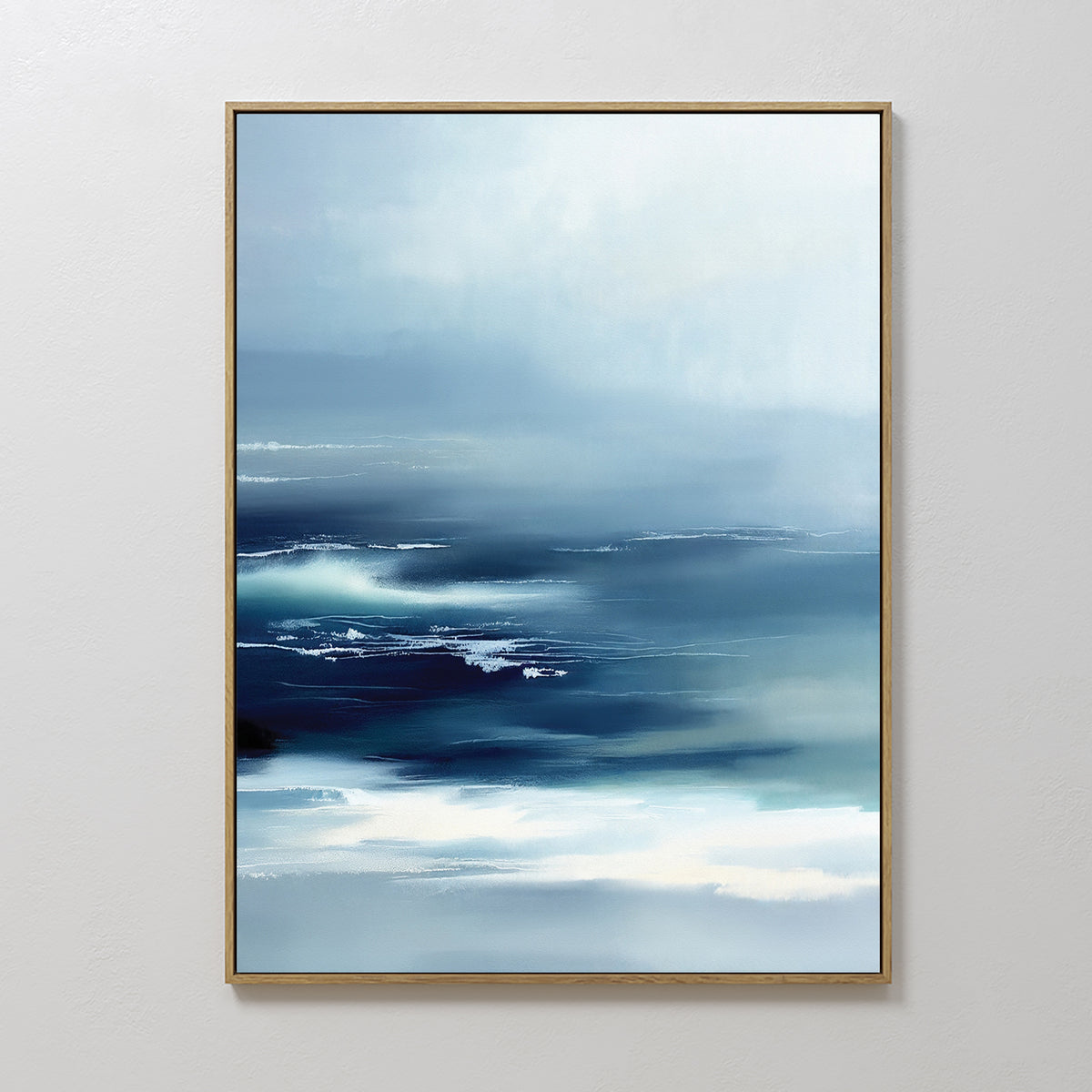 The Sapphire Current Canvas Art - Vertical features an abstract design in blue, white, and teal reminiscent of ocean waves, adding calm and serenity to any plain white wall.