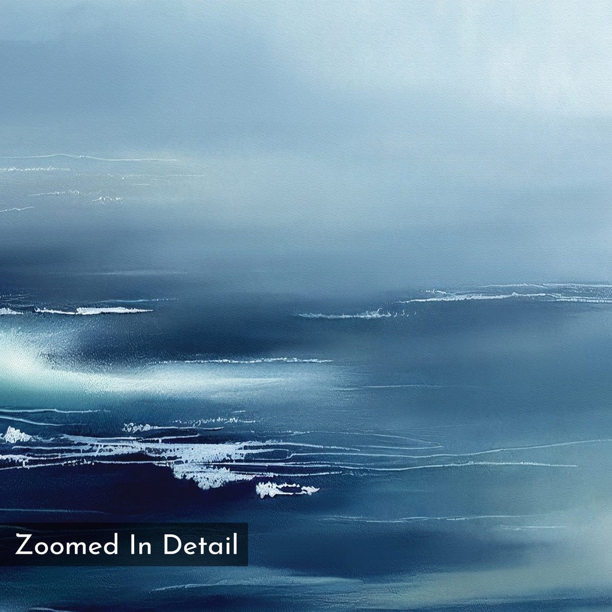 A close-up of the Sapphire Current Canvas Art - Vertical shows soft, blended blue and white tones resembling ocean waves. "Zoomed In Detail" appears in the lower left corner.