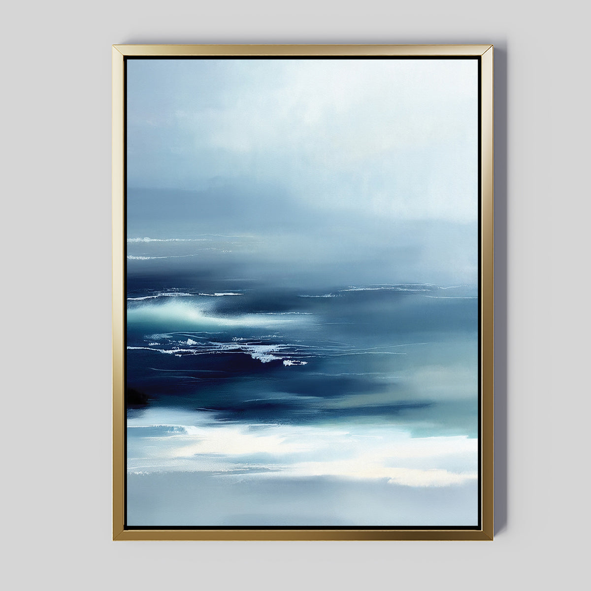 The Sapphire Current Canvas Art - Vertical features soft blue, white, and navy tones that evoke a misty seascape or ocean waves, creating tranquil wall art against a light gray background.