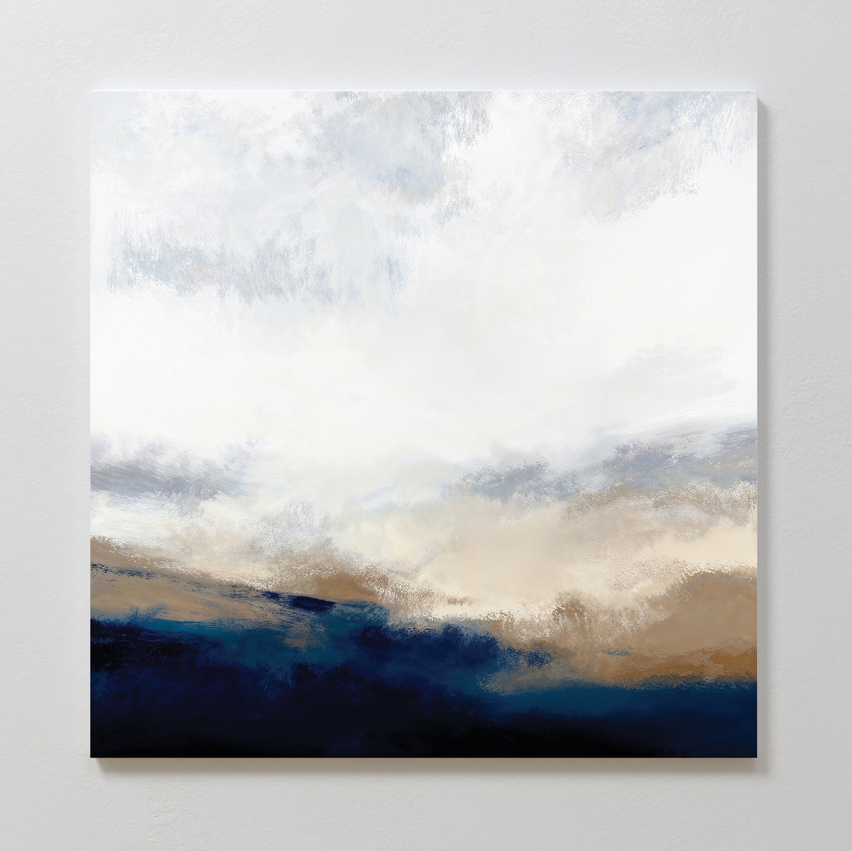 Sapphire Tides Canvas Art - Square features a calming blend of soft white, beige, and cobalt blues in an abstract design, evoking a misty landscape with textured sea and clouds—perfect for modern living rooms.