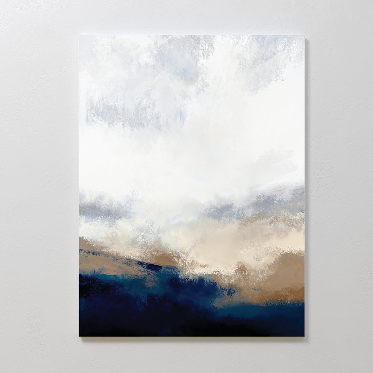 The Sapphire Tides Canvas Art - Vertical features a cloudy sky with soft whites and cobalt blues blending into earthy brown and dark blue tones below—ideal for modern living rooms, evoking a tranquil landscape or seascape ambiance.