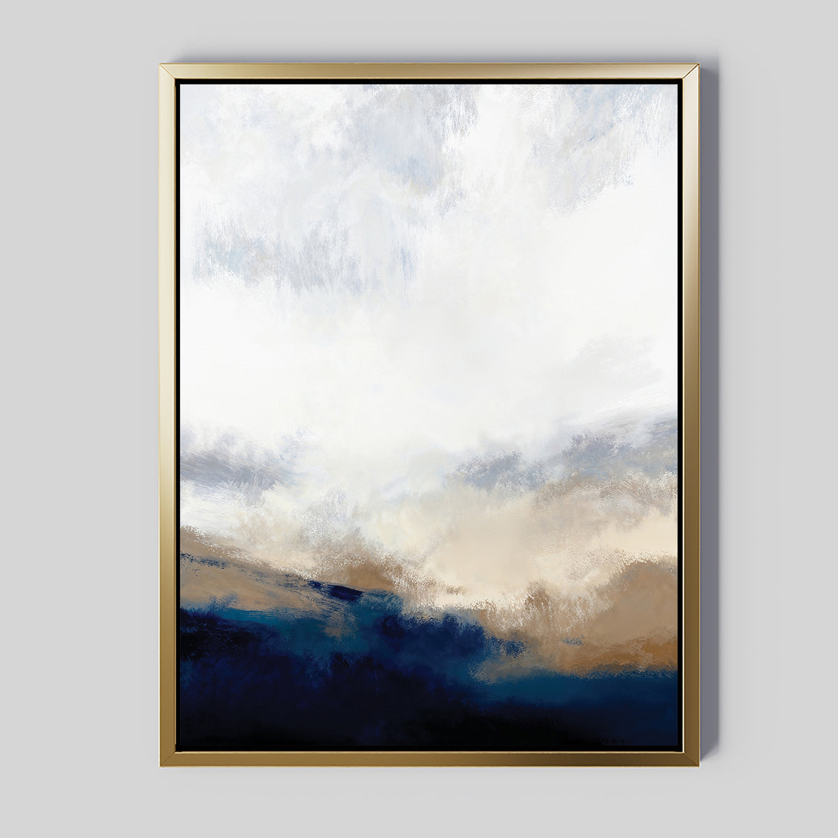 Sapphire Tides Canvas Art - Vertical: abstract print in a gold frame with swirling white, light brown, and cobalt blue tones, creating a soft landscape effect—ideal for modern living rooms with a light gray backdrop.