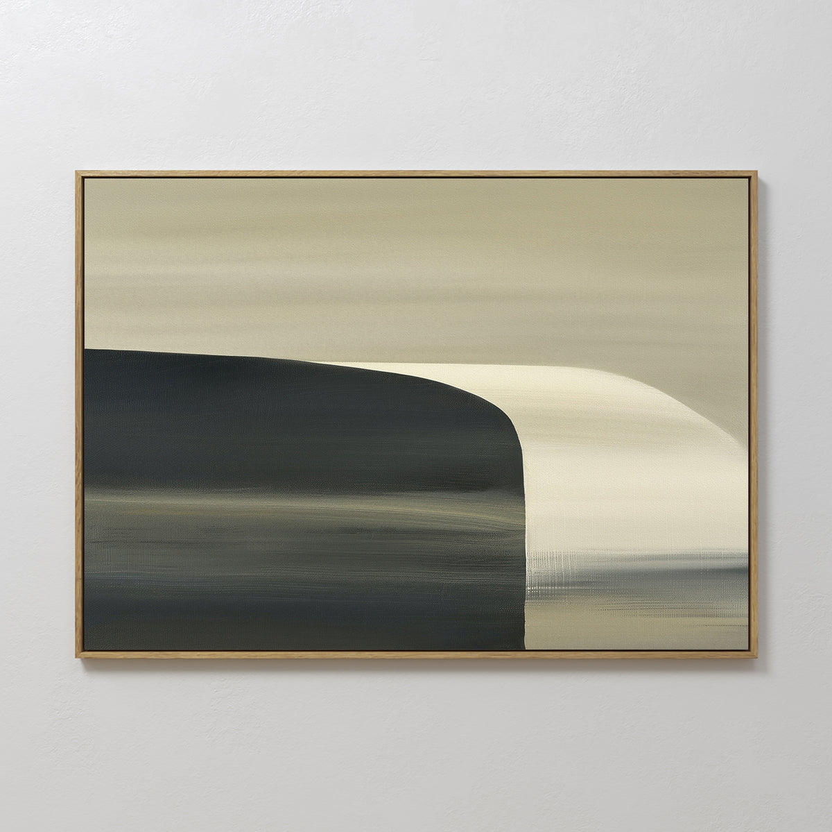 The Sculptural Forms Canvas Art - Horizontal features smooth, horizontal bands of dark gray, beige, and cream with curved transitions from dark to light. Framed in wood, it’s perfect for modern living rooms and minimalist decor.