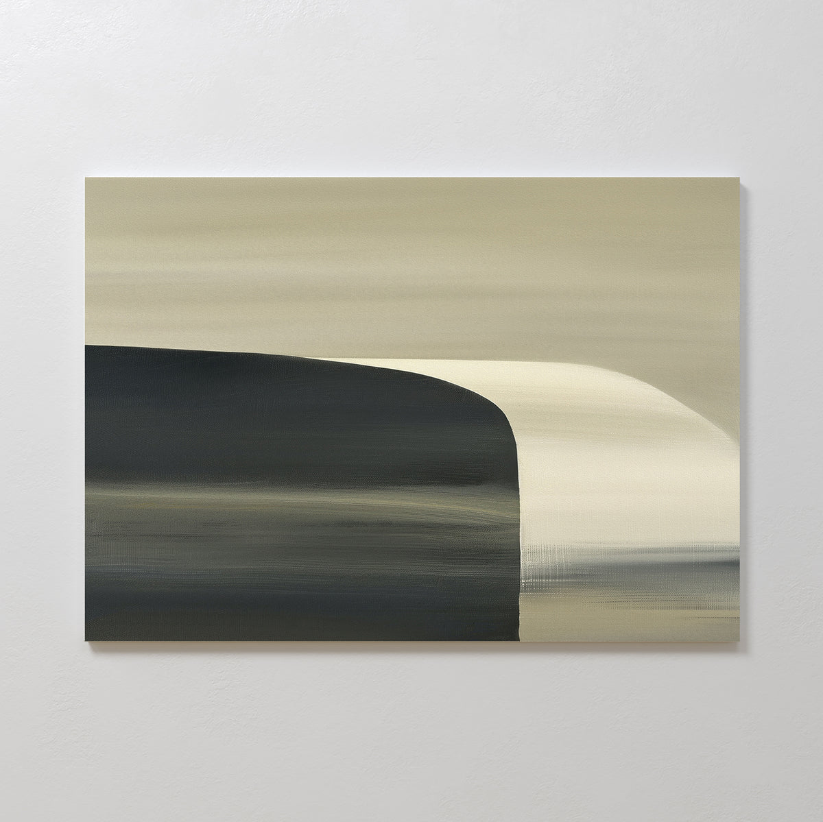 Sculptural Forms Canvas Art - Horizontal features soft, blended beige and gray shades with a dark curved block contrasting lighter strokes—ideal for minimalist modern living room decor.