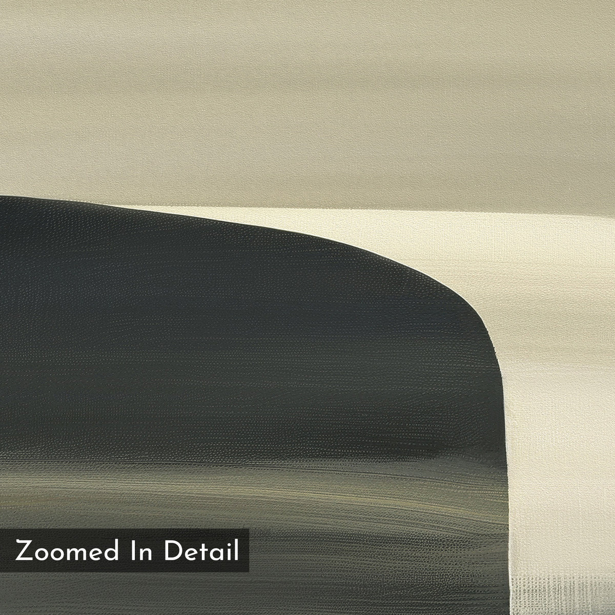 Sculptural Forms Canvas Art - Horizontal features overlapping curved shapes in beige, cream, and dark gray on canvas. Visible texture suits minimalist or modern spaces. "Zoomed In Detail" appears in white on black at the bottom left corner.