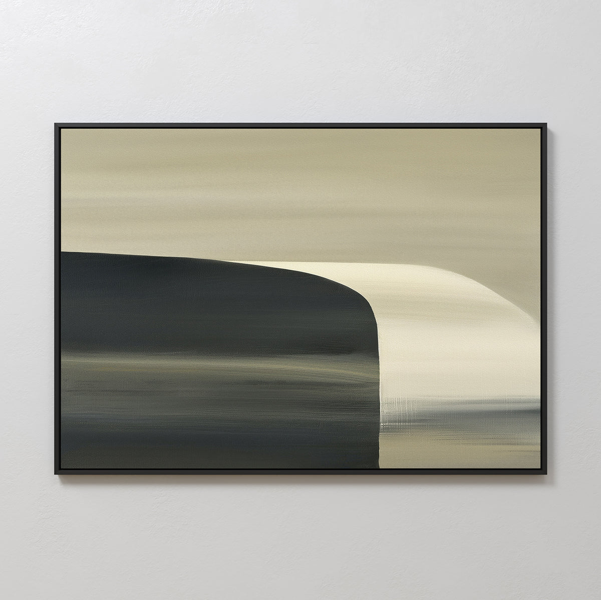 The Sculptural Forms Canvas Art - Horizontal showcases soft blended beige, cream, and dark gray tones with a curved, cliff-like edge. Framed for modern spaces, it looks stunning on a light wall in any contemporary living room.