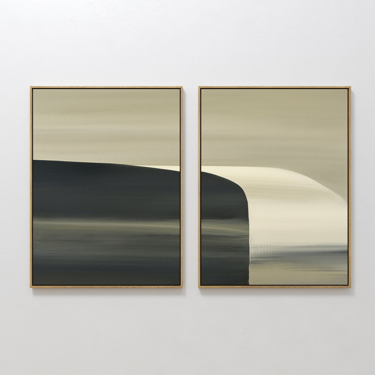 The "Sculptural Forms - Set Of 2" features framed abstract paintings with soft horizontal beige, cream, and dark gray brushstrokes in a minimalist design—ideal for modern living rooms.