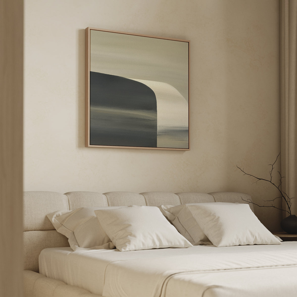 A minimal bedroom with a beige bed, cream pillows, and the Sculptural Forms Canvas Art - Square above the headboard. Minimalist decor complements the space, while natural light fills the softly colored room.
