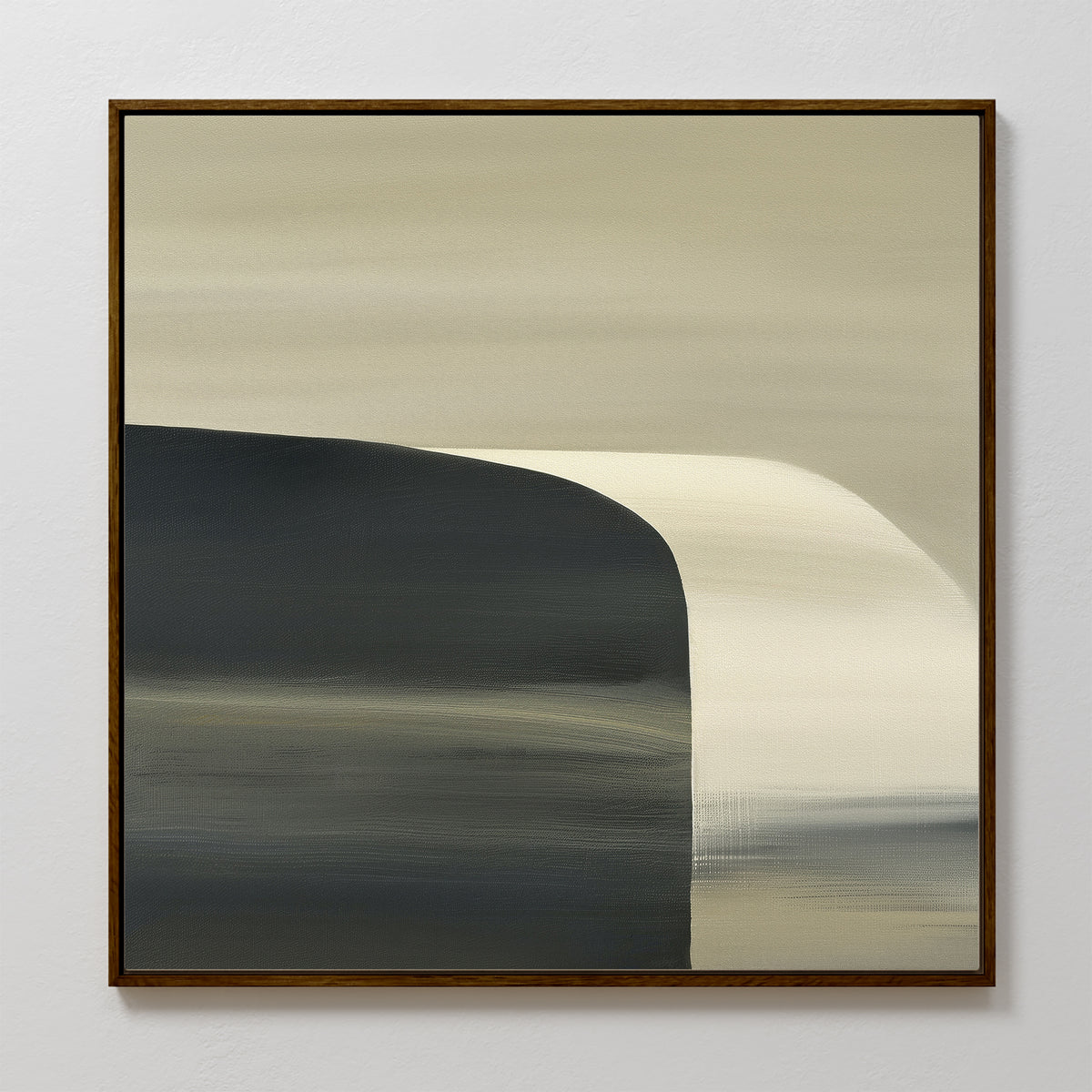 The Sculptural Forms Canvas Art - Square is a framed abstract painting with soft beige, cream, and dark gray gradients and curved shapes reminiscent of a waterfall—ideal for minimalist decor or modern living rooms.