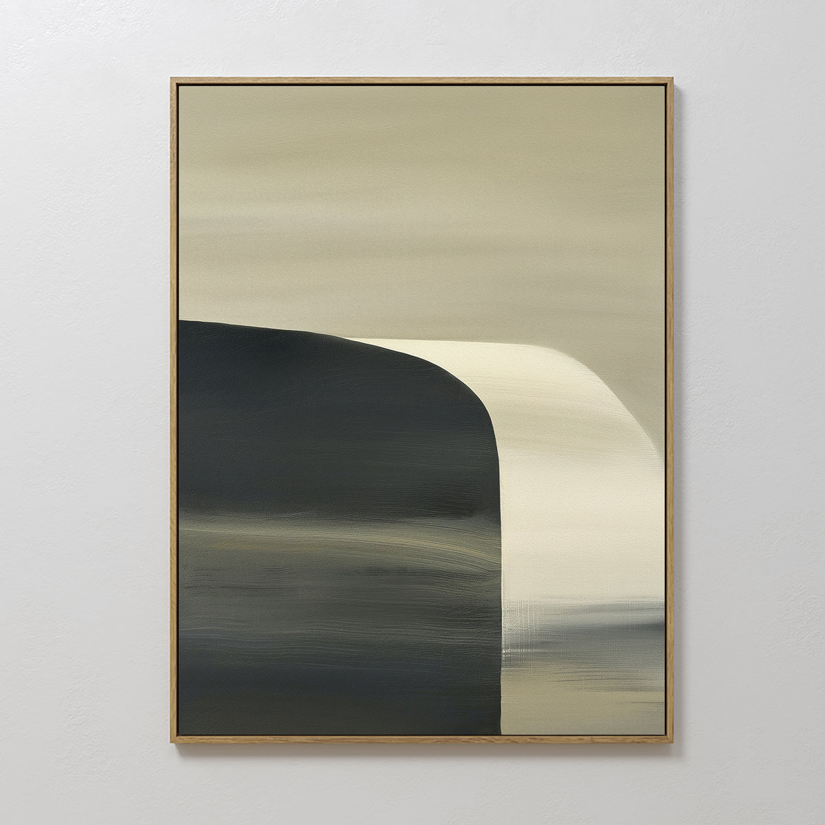 Sculptural Forms Canvas Art - Vertical: Minimalist abstract painting with curved dark and waterfall-like shapes on a soft gradient background, set in a simple wooden frame. Ideal for modern living rooms.