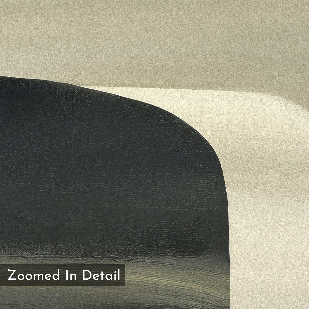 Sculptural Forms Canvas Art - Vertical features abstract curved, overlapping shapes in black, gray, beige, and cream. This minimalist piece with smooth transitions suits modern living rooms. "Zoomed In Detail" is labeled at the bottom left.