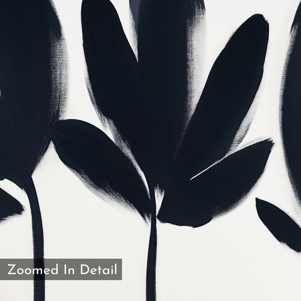 A close-up of abstract black brushstrokes resembling botanical silhouettes on white, with "Zoomed In Detail" in a semi-transparent box—Shadow Stems Canvas Art - Horizontal is ideal for modern, minimalist living rooms.