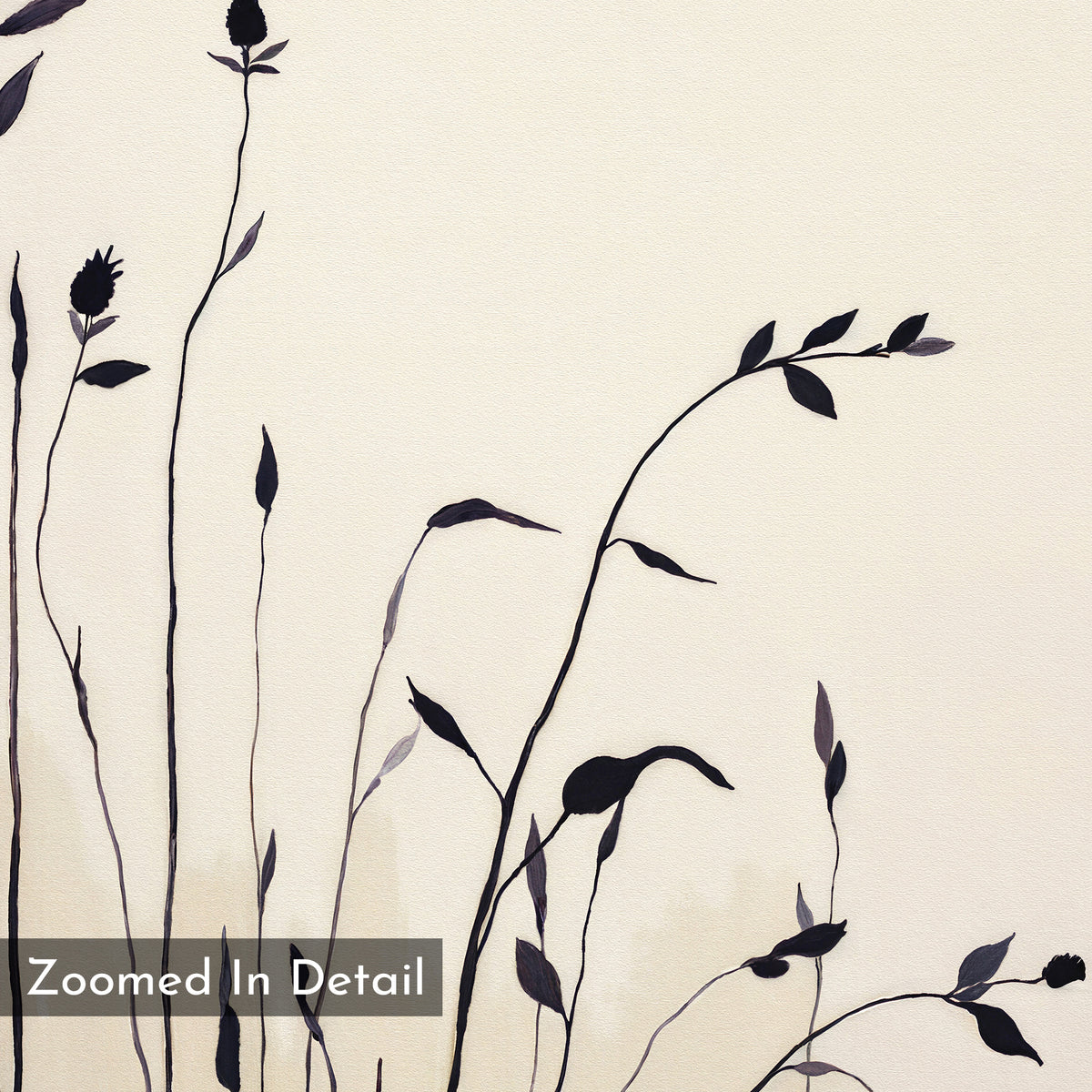 The Silhouette Meadow Canvas Art - Horizontal features black plant and flower silhouettes with thin stems on a light beige background. A transparent “Zoomed In Detail” box sits in the lower left, ideal for Nordic or botanical wall art lovers.