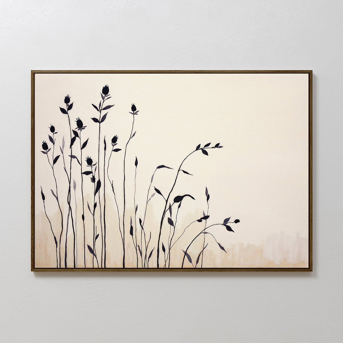Silhouette Meadow Canvas Art - Horizontal: A minimalist print showing dark, silhouetted wildflowers with long stems and leaves on a light beige background, framed with a slim border—perfect botanical wall art for Nordic-inspired decor.