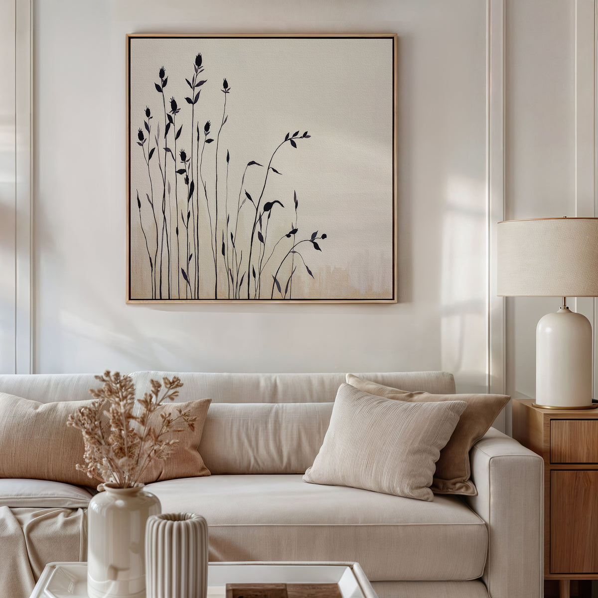 A modern living room features a beige sofa with neutral cushions, a light wood side table, and a white lamp. Above, the Silhouette Meadow Canvas Art - Square adds Nordic flair, while dried flowers in a vase accent the coffee table.