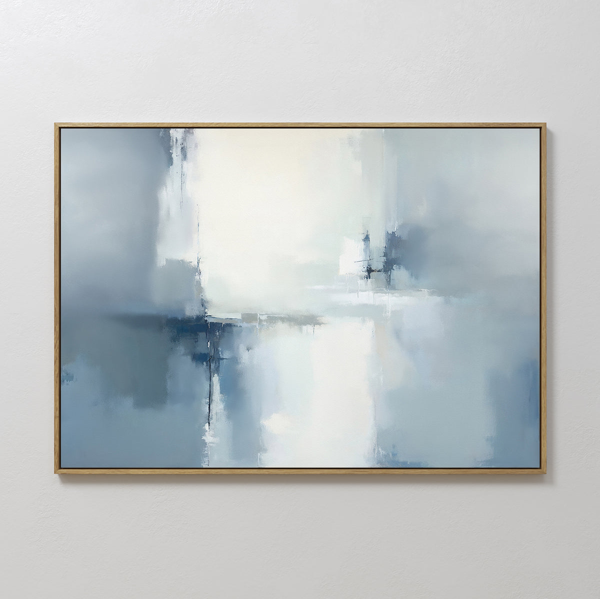 Silver Cross Formation Canvas Art - Horizontal showcases soft, blurred shades of blue, white, and gray with vertical and horizontal strokes. Framed in gold, it adds a modern Nordic touch to your living room decor.