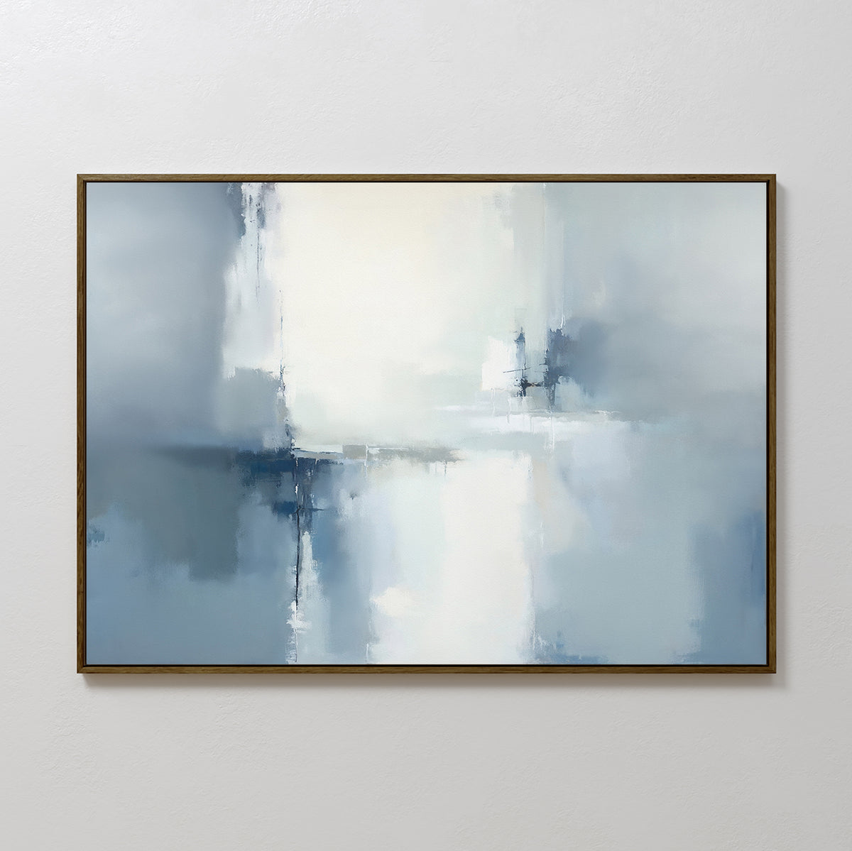 Silver Cross Formation Canvas Art - Horizontal features soft, blended blue, white, and gray tones with abstract vertical and horizontal strokes. Its simple thin frame and calming Nordic design make it ideal for modern living room décor.