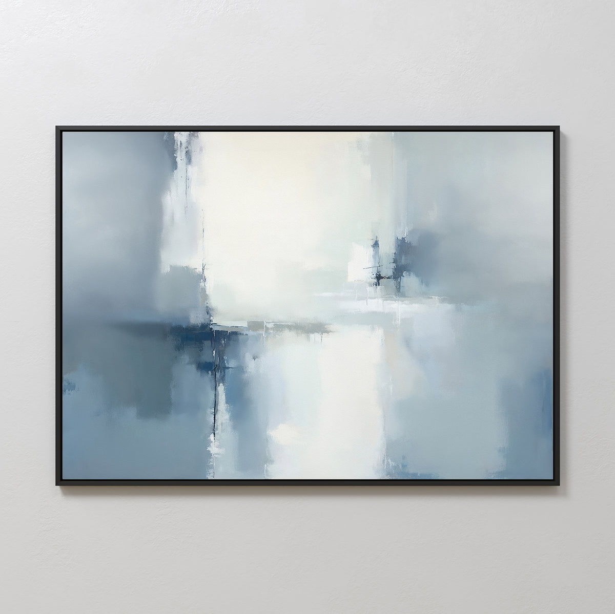 Silver Cross Formation Canvas Art – Horizontal features abstract, blurred intersecting lines in soft blue, white, and gray tones. Framed with a thin black border, it creates a serene Nordic atmosphere on any light-colored wall.