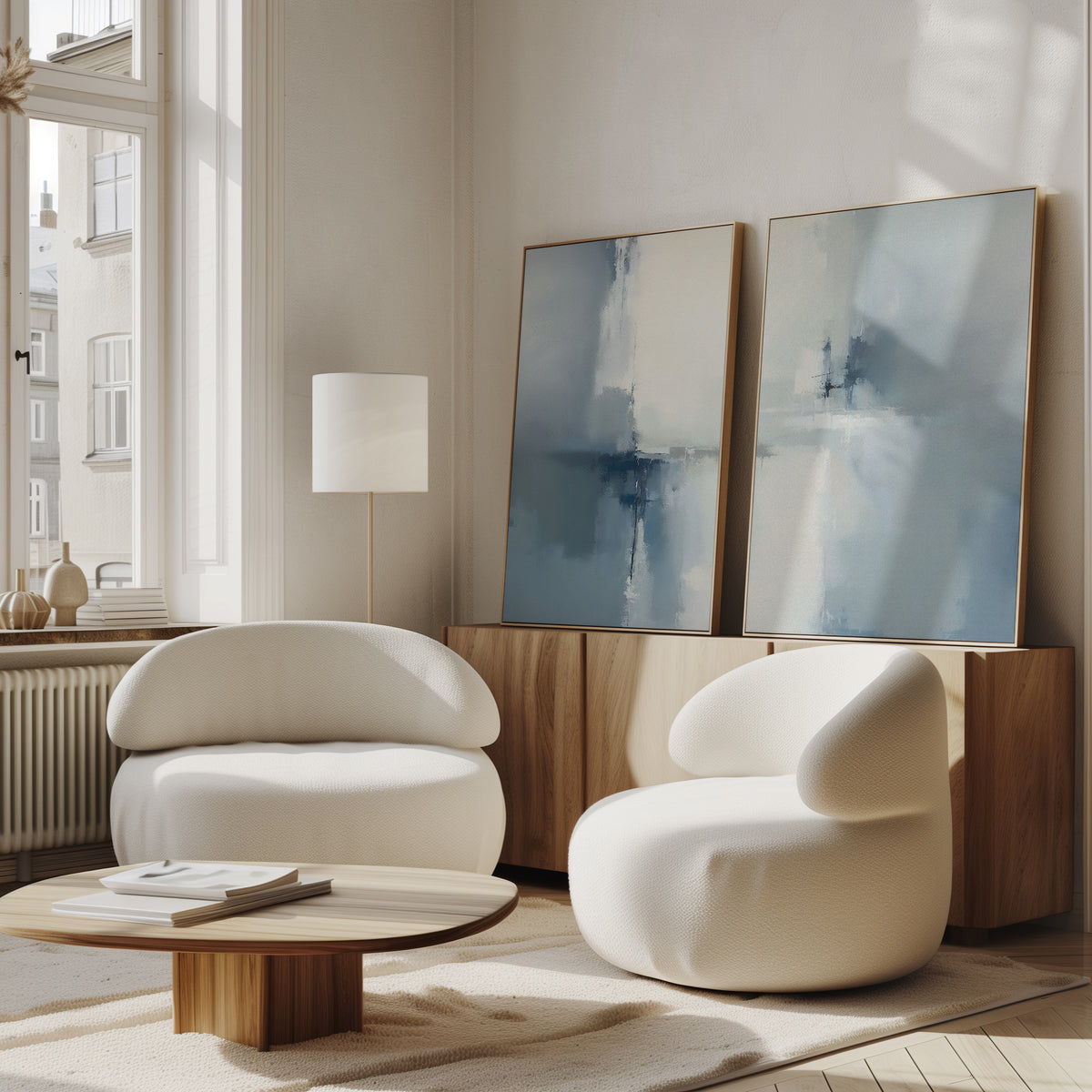 A modern living room features the Silver Cross Formation - Set Of 2 white rounded chairs, a wooden coffee table, and a floor lamp. Abstract prints sit on a low cabinet by large windows, filling the cozy space with natural light.