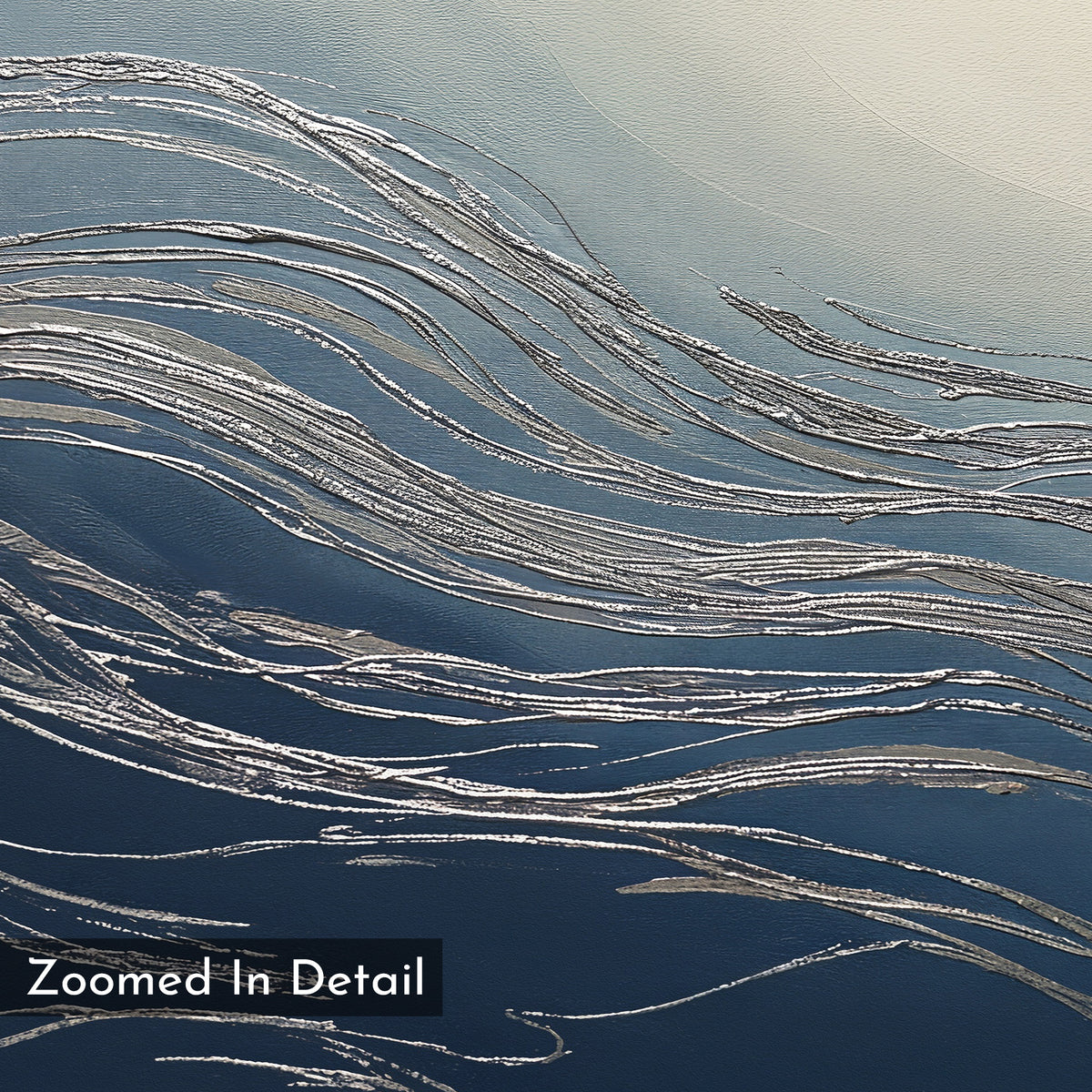 The Silver Current Canvas Art - Horizontal features flowing, silver textured lines like metallic ribbons on a gradient blue background. Smoothly curving lines evoke waves or strands, with a "Zoomed In Detail" label in the lower left.