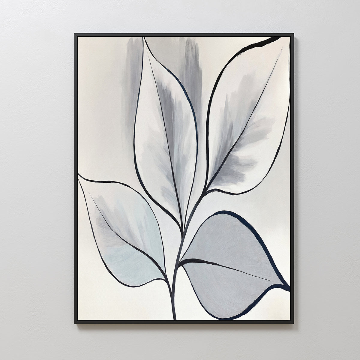 The Silver Leaves Canvas Art - Vertical features abstract leaf designs in black outline with soft gray, blue, and white fills. Displayed in a black frame on a light wall, it's perfect for modern home decor.
