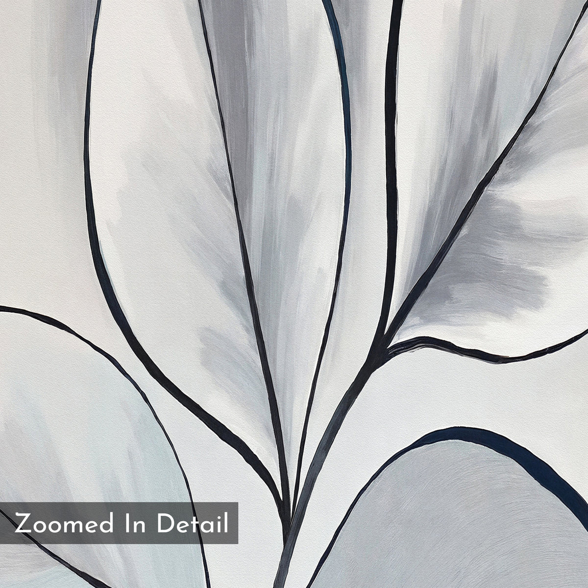 Abstract close-up of large, overlapping leaves in gray and white with bold black outlines. “Zoomed In Detail” appears in the lower left corner. The Silver Leaves Canvas Art - Vertical adds striking, minimalist botanical style to modern home decor.