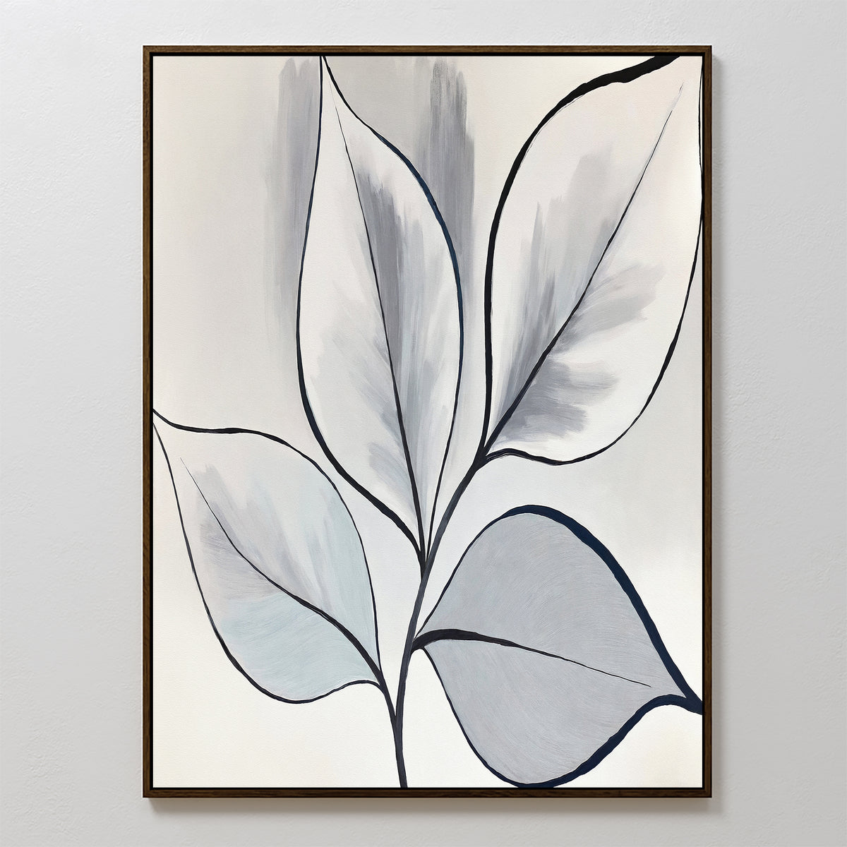 The Silver Leaves Canvas Art - Vertical features five abstract leaves in black outline with soft gray and light blue accents on white, set in a slim brown frame—ideal minimalist wall art for modern home decor.