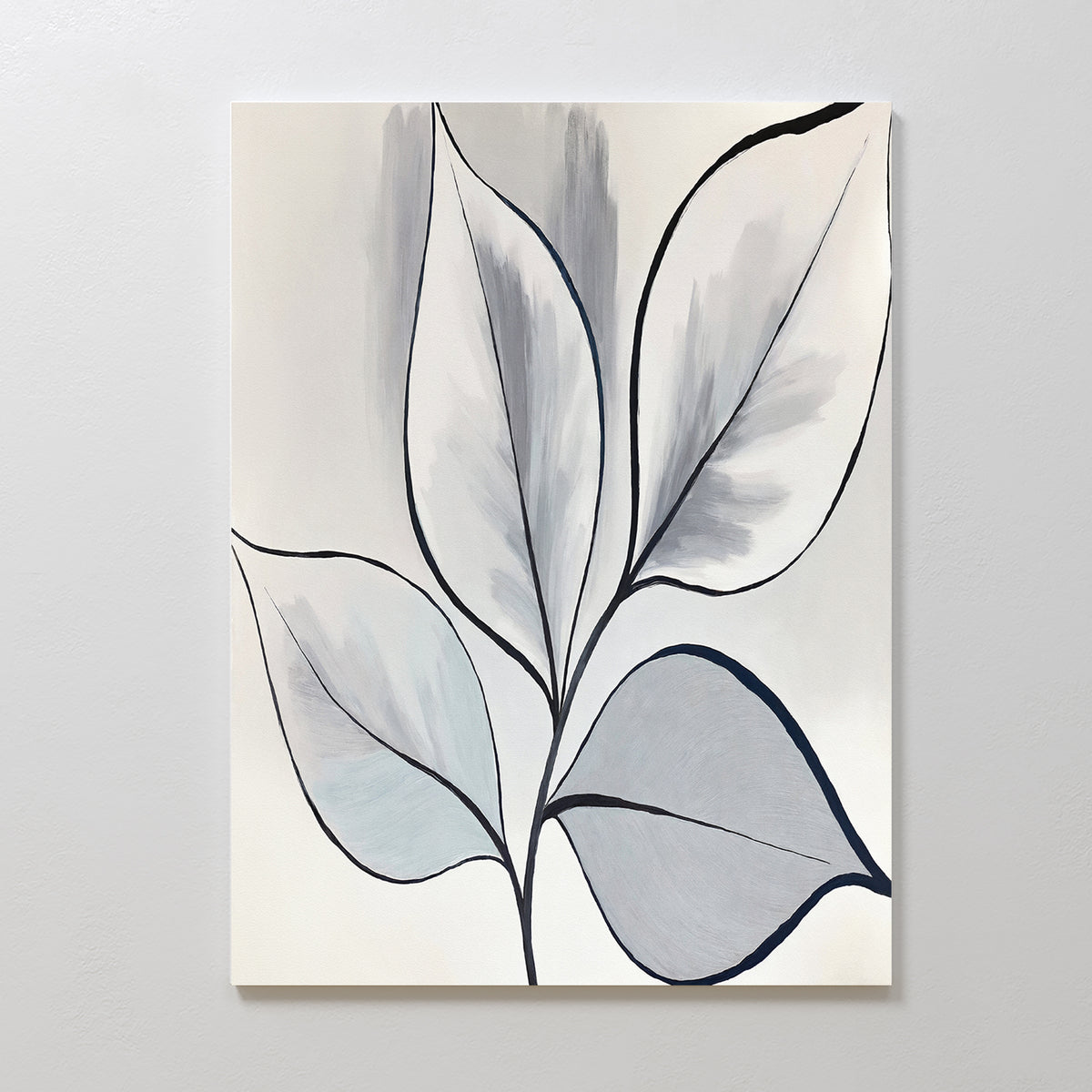 Silver Leaves Canvas Art - Vertical: Minimalist wall art featuring abstract botanical design with six large, outlined leaves in gray and light blue on a white canvas—an elegant, modern decor accent.