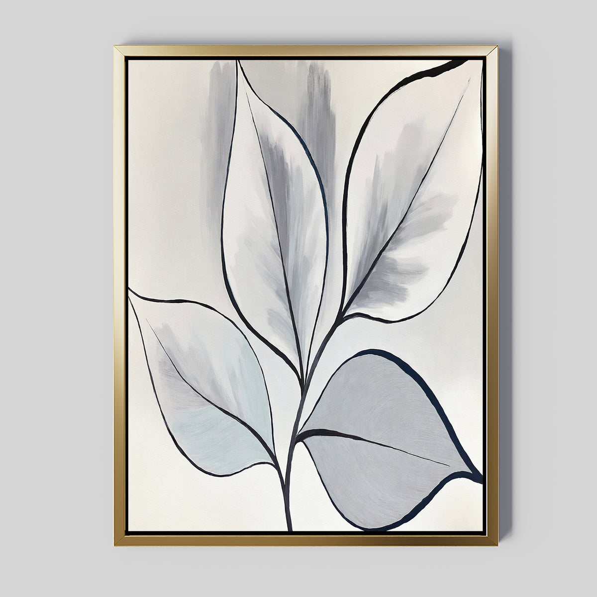 The Silver Leaves Canvas Art - Vertical features abstract gray and light blue leaves outlined in black, set in a gold square frame on a light gray background—a perfect modern botanical print for your home decor.