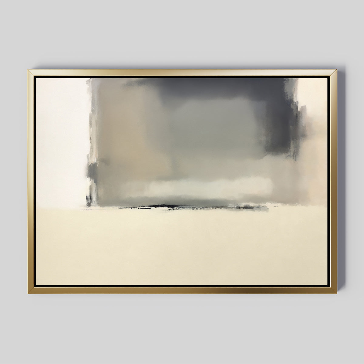The Smoke Boundary Canvas Art - Horizontal features soft, blended gray, beige, and cream tones with a diffuse rectangular form at the top center over lighter hues, creating minimalist abstract wall art for serene spaces.