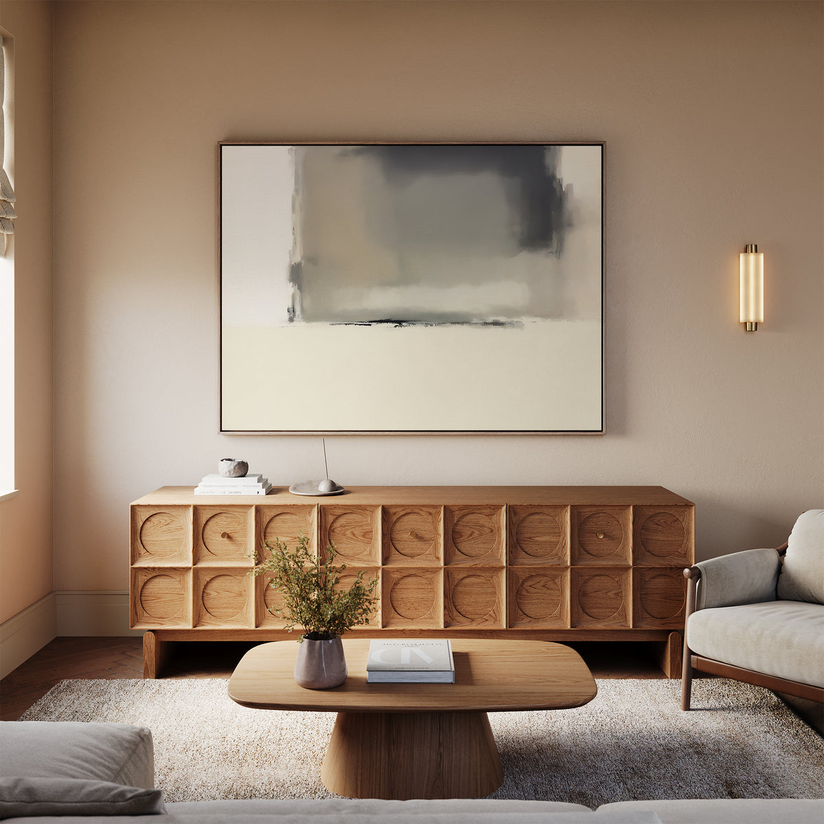 A modern living room with a beige sofa, wooden coffee table holding a vase of flowers, textured wooden sideboard, small table lamp, wall-mounted light fixture, and Smoke Boundary Canvas Art - Horizontal displayed above.