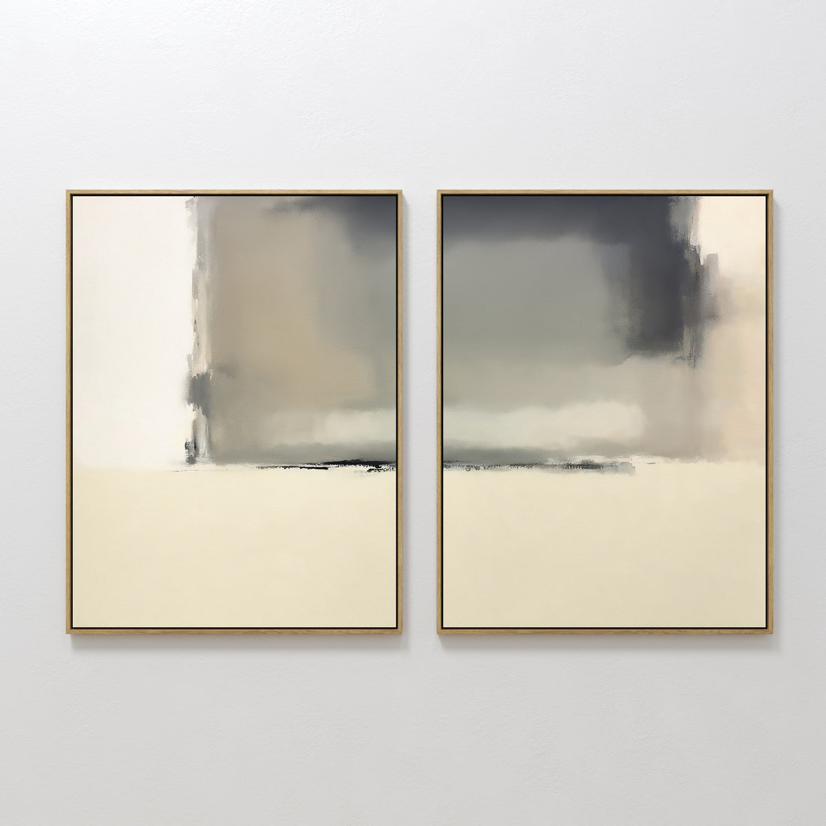 The Smoke Boundary - Set Of 2 features framed abstract wall art with soft, blurred beige, gray, and black tones on white backgrounds. Perfect for adding a minimalist touch to any neutral decor.