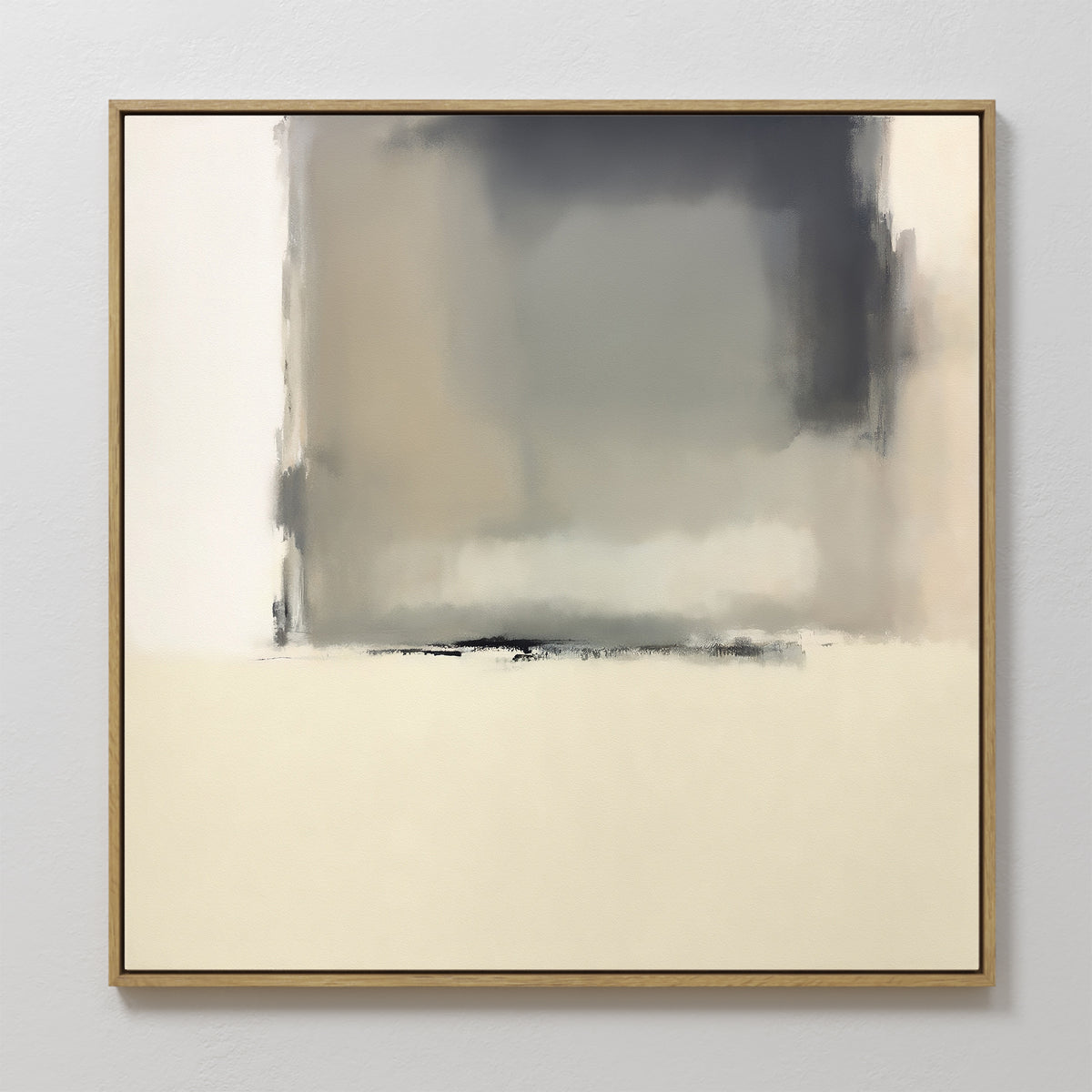 Smoke Boundary Canvas Art - Square features soft, blurred rectangles in gray, beige, and cream with a dark central patch. This framed minimalist art is shown against a light-colored wall.