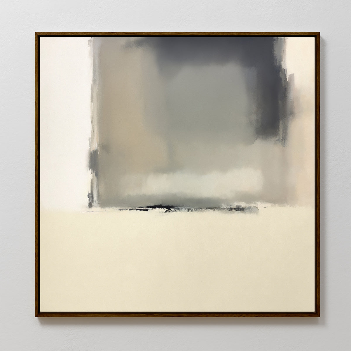 The Smoke Boundary Canvas Art - Square is a minimalist abstract painting with soft, blurred blocks of gray, beige, and cream. Dark shades at the top fade into lighter tones below, all elegantly framed in a thin, dark wooden frame.