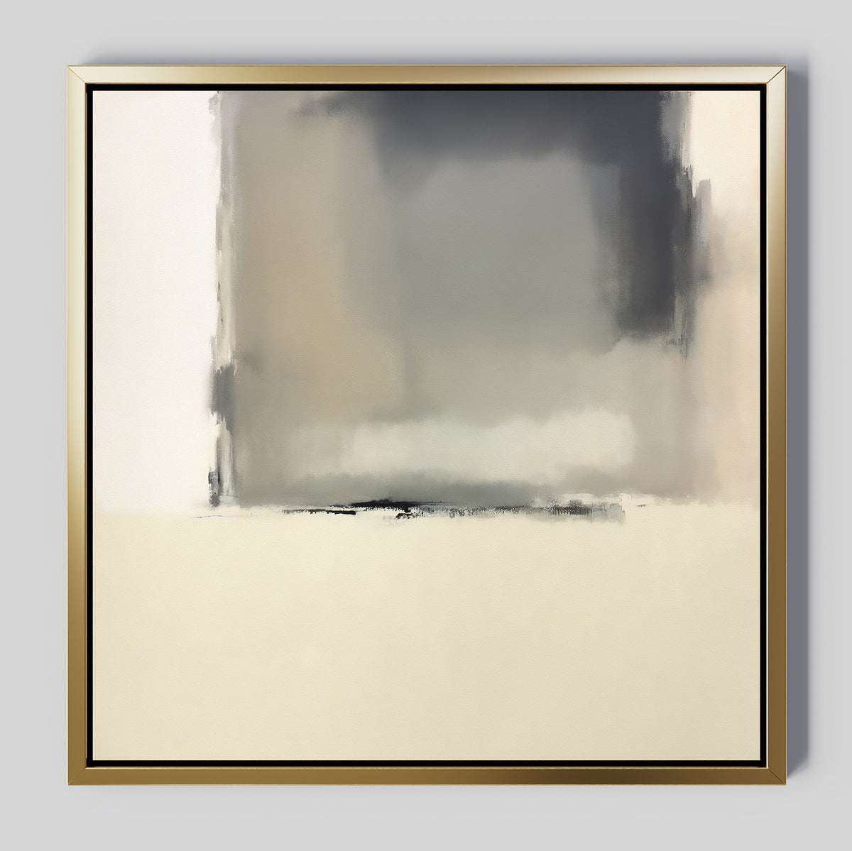 The Smoke Boundary Canvas Art - Square features a gold frame with abstract, blurred gray, beige, and off-white tones. Its minimalist design has darker hues at the top fading to lighter ones at the bottom for a soft, hazy effect.