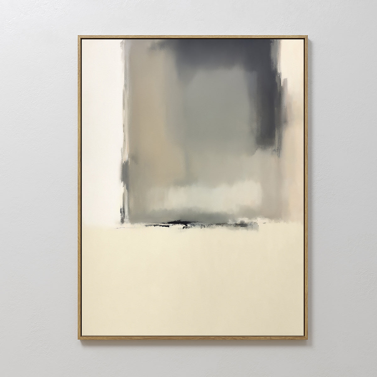 The Smoke Boundary Canvas Art - Vertical features soft, blurred tones of gray, beige, and cream with a dark area at the top fading into lighter shades below. Its framed abstract design adds neutral elegance to any plain, light-colored wall.