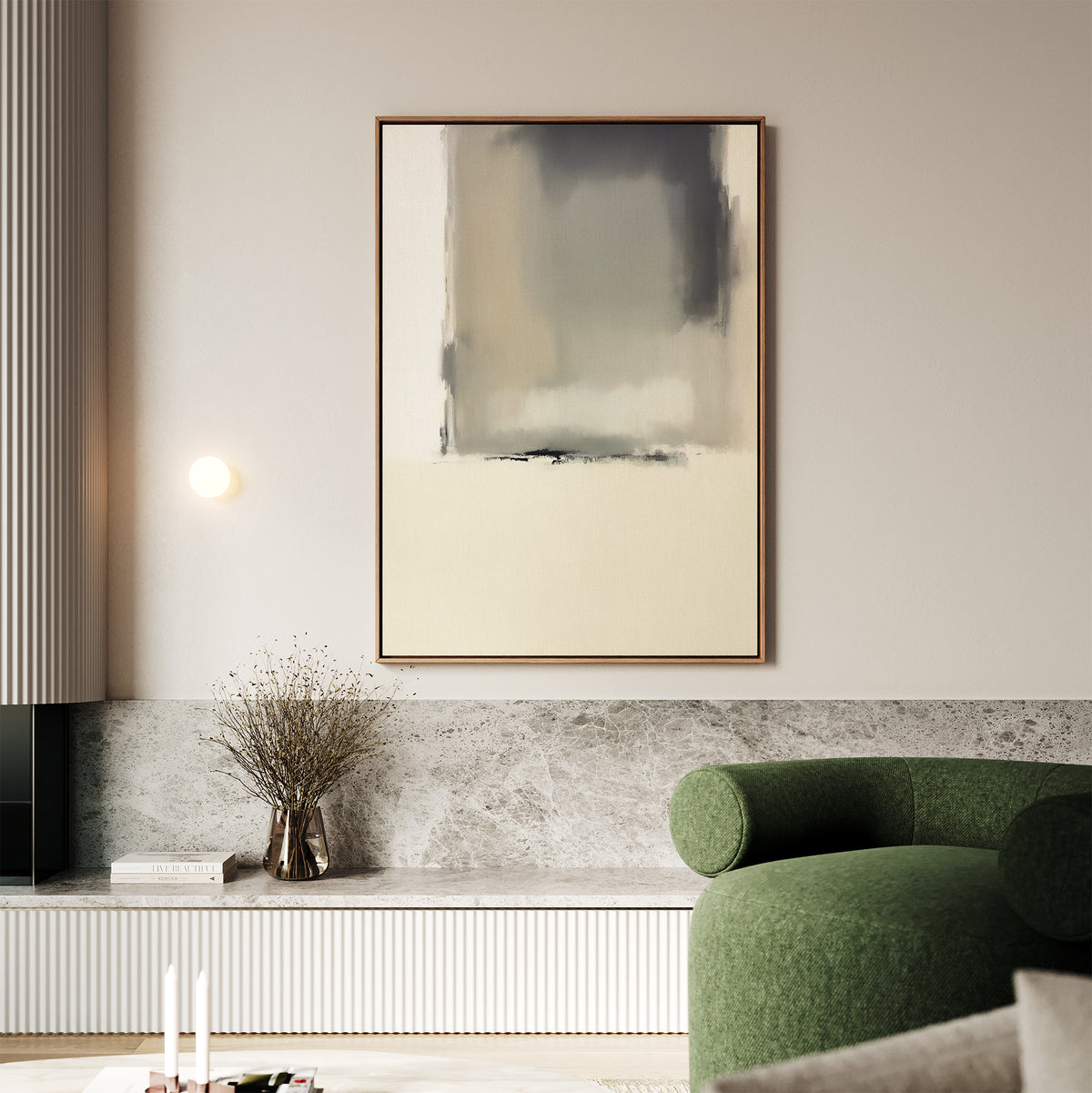 A minimalist living room with neutral elegance features the Smoke Boundary Canvas Art - Vertical above a stone bench, complemented by a round green armchair and a vase with dried branches on the bench.