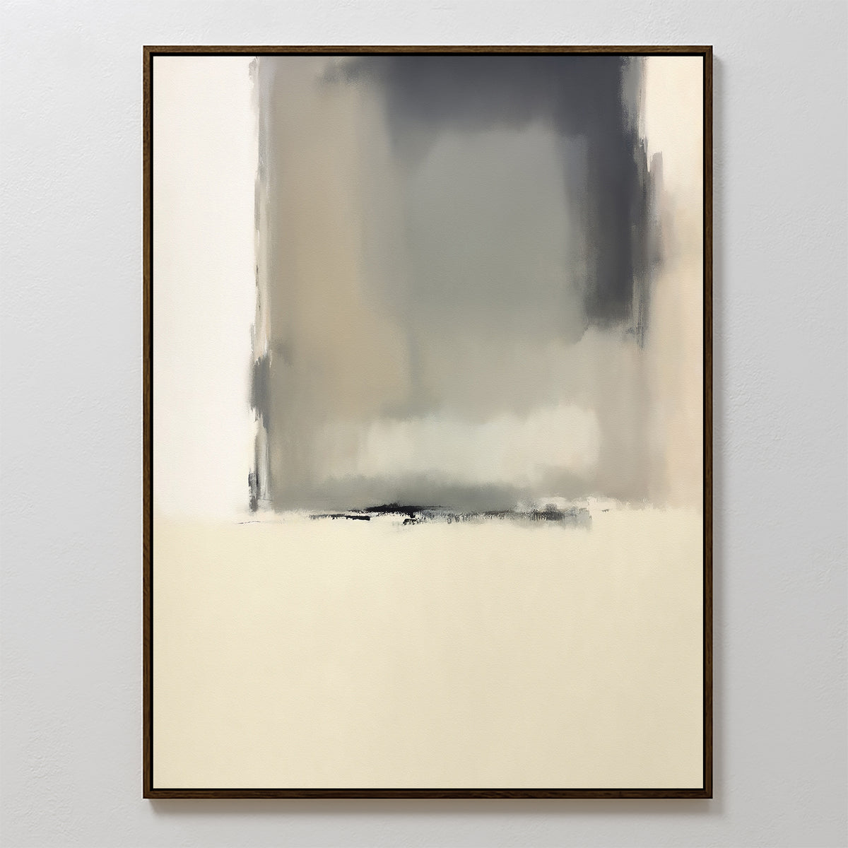 Smoke Boundary Canvas Art - Vertical features a striking minimalist design with soft, blurred shades of gray, beige, and black forming a large rectangular shape atop a light cream background, all bordered by a thin dark frame.