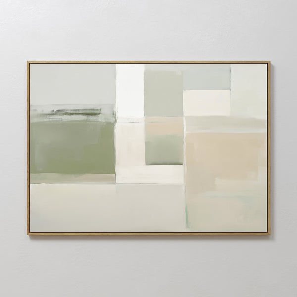 Soft Geometric Planes Canvas Art - Horizontal features large rectangles in sage green, beige, white, and light gray. This minimalist print is framed in light wood, creating striking geometric wall art for modern living room decor.