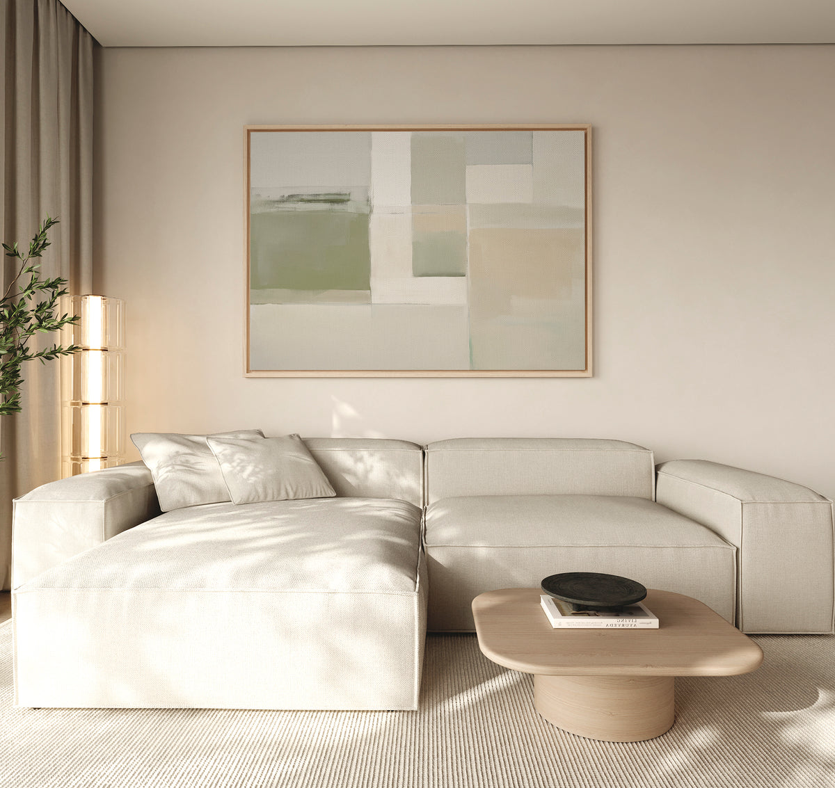 A modern living room featuring a light beige sectional, a low wooden coffee table with books and a bowl, neutral walls, sheer curtains, a tall plant in the corner, and Soft Geometric Planes Canvas Art - Horizontal on the wall.