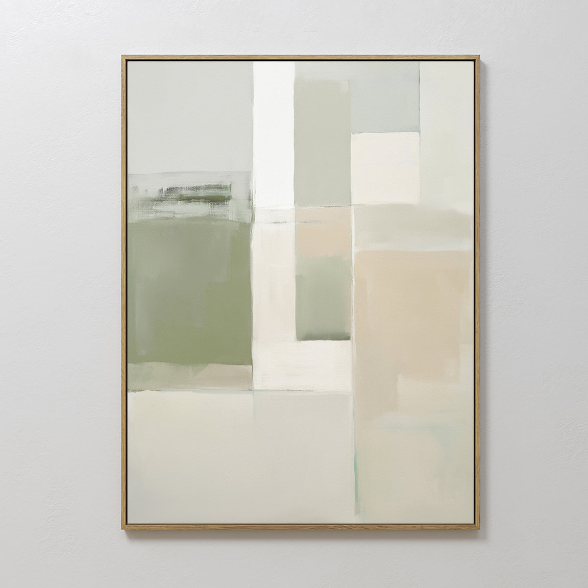 The Soft Geometric Planes Canvas Art - Vertical features minimalist abstract rectangles in white, beige, sage green, and gray tones, arranged in a grid pattern. It comes framed with a slim light border and is ideal for contemporary spaces.