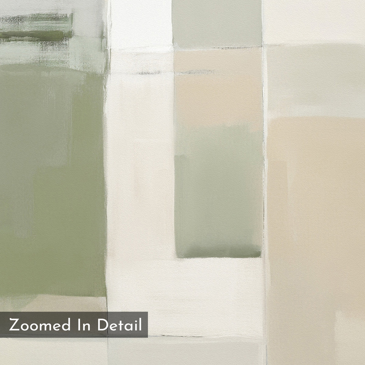 Soft Geometric Planes Canvas Art - Vertical features a minimalist design with overlapping rectangles in muted green, beige, cream, and white. “Zoomed In Detail” appears in a gray box at the lower left, perfect for contemporary spaces.