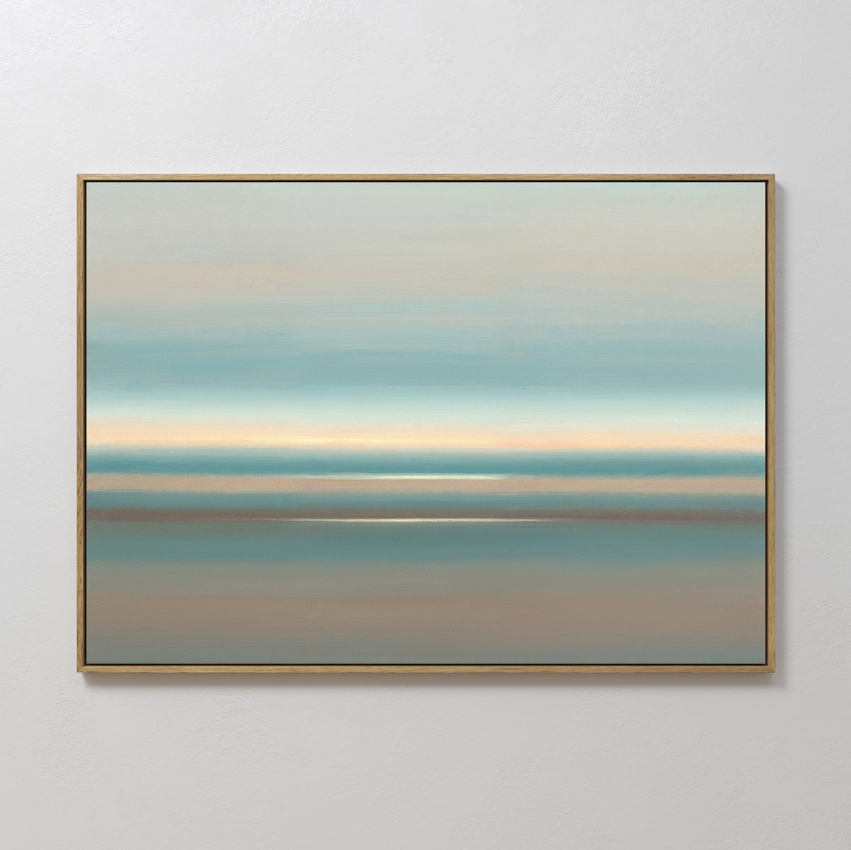 The Soft Tide Layers Canvas Art - Horizontal features calming horizontal bands of blue, beige, and light brown for a serene, blurred coastal effect, perfect for adding tranquility to any light-colored wall.