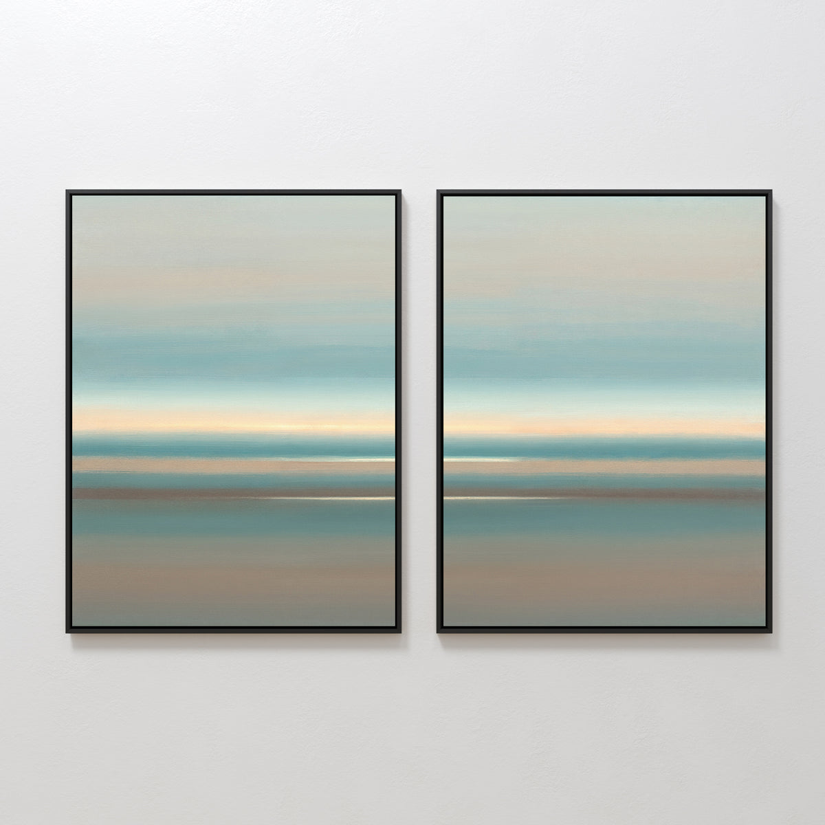 The Soft Tide Layers - Set Of 2 features framed abstract prints with soft horizontal bands of blue, beige, and brown, hanging side by side for a calming, coastal-inspired wall art display.