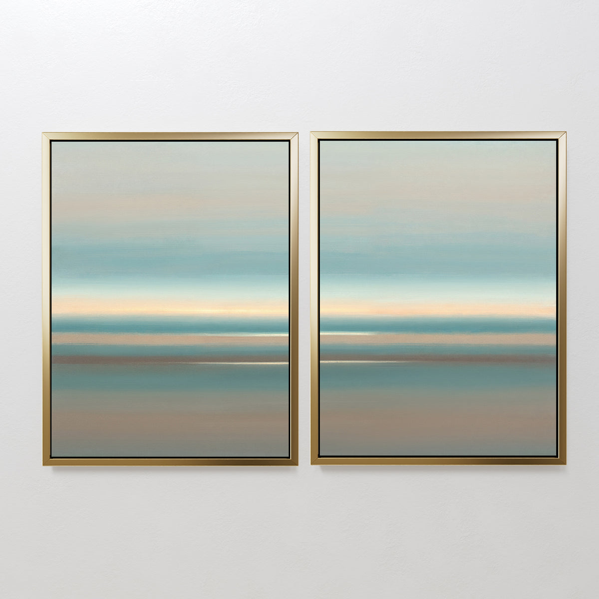 The Soft Tide Layers - Set Of 2 features calming abstract prints with pastel blue, beige, and brown horizontal bands that evoke a serene landscape or seascape, perfect for coastal wall decor. Displayed side by side on a white wall.